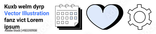 Calendar icon for scheduling, heart for love, and gear for mechanics or process depicted with clean lines and neutral tones. Ideal for organization, health, relationships, emotions, productivity