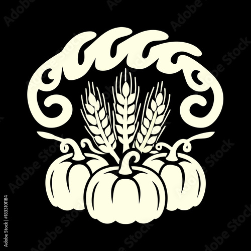 Cream colored pumpkins and wheat stalks on black autumn