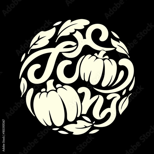 Cream colored thankful text and pumpkins circular badge