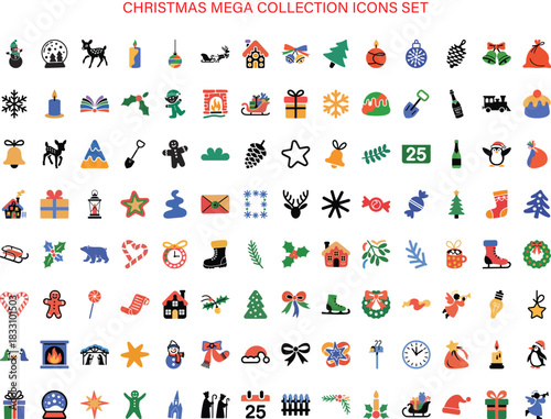 Christmas icon mega collection set in a modern festive style bringing joyful holiday mood perfect for greeting cards, seasonal artwork, digital decorations, and winter promotions.