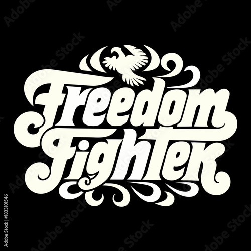 Cream freedom fighter text with distressed eagle graphic