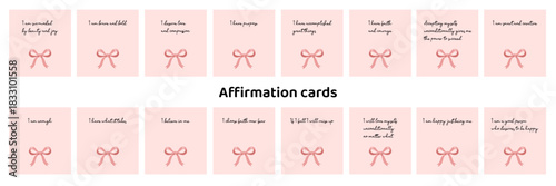Pink affirmation cards with bows, minimalist positive quotes, aesthetic motivational card set