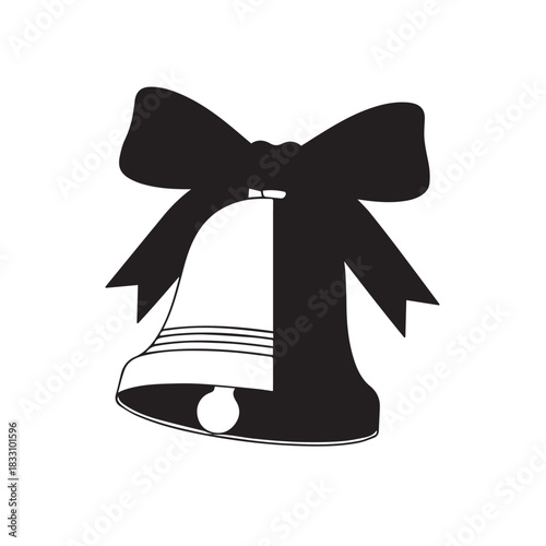 Black Bell Icon with Ribbon Bow for Festive Decoration and Minimal Illustration.