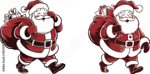Santa illustration delivering gifts in a joyful holiday scene suitable for Christmas promotions, festive cards, seasonal advertisements, and winter creative designs.