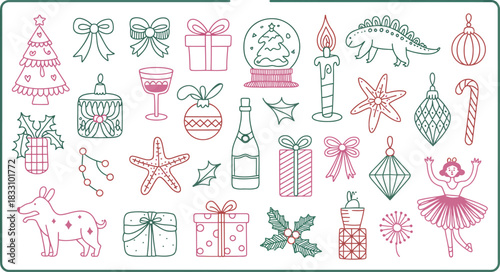 hand-drawn Christmas doodles with gifts, ornaments, and a ballerina sketched in a playful style ideal for holiday cards, craft projects, and festive creative layouts.