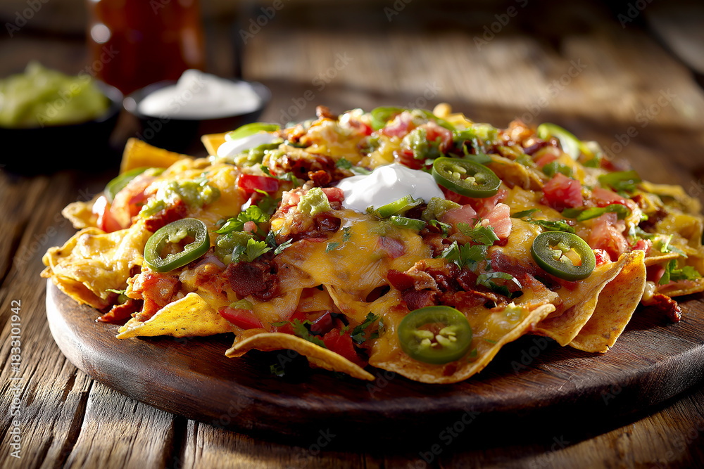 Fototapeta premium Generous platter of loaded nachos with melted cheese and toppings on rustic table