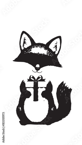 Whimsical black silhouette fox holding a key illustration.