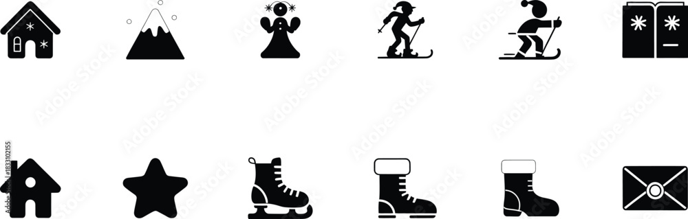 Naklejka premium festive winter icons illustrated in a clean and friendly style, offering snowflakes, hats, gifts, and cozy seasonal elements perfect for greeting cards and digital designs.