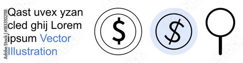 Finance, economic transactions, budget management, data analysis, money transfer, currency tracking. Circular dollar signs and magnifying glass. Finance and economic transactions concept
