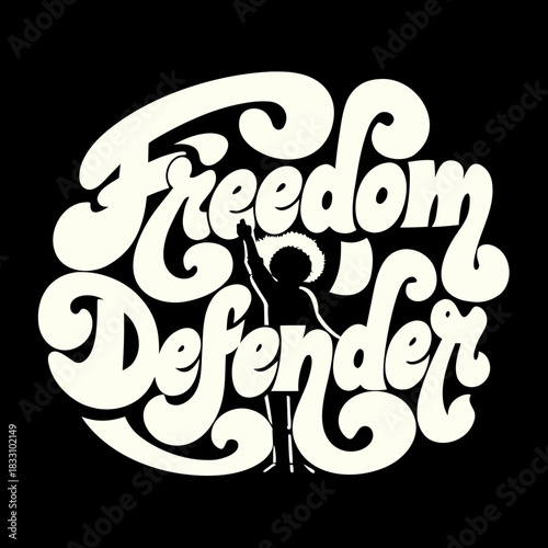 Creamy white freedom defender typography on black graphic