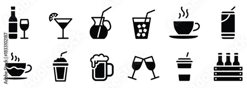 A delightful collection of drink icons for bar menus and restaurant promotions, featuring refreshing cocktails, steamy coffee, frothy beer, and fresh juice in a minimalist style
