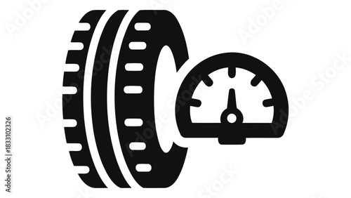Black and white icon representing a tire and a gauge symbolizing tire pressure monitoring system for vehicles and their