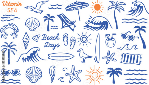 Hand-drawn beach-themed vector set with summer doodles like waves, palm trees, shells, crabs, sunglasses, and surfboards. Perfect for vacation designs vector art and illustration