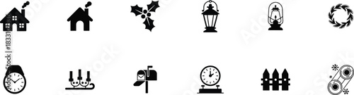 festive Christmas season icons featuring houses, holly, clocks, and winter elements arranged in a charming style suitable for holiday cards, invitations, and seasonal promotions.
