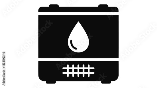 Black silhouette icon of an electronic dehumidifier with a water droplet symbol indicating moisture removal on a white b