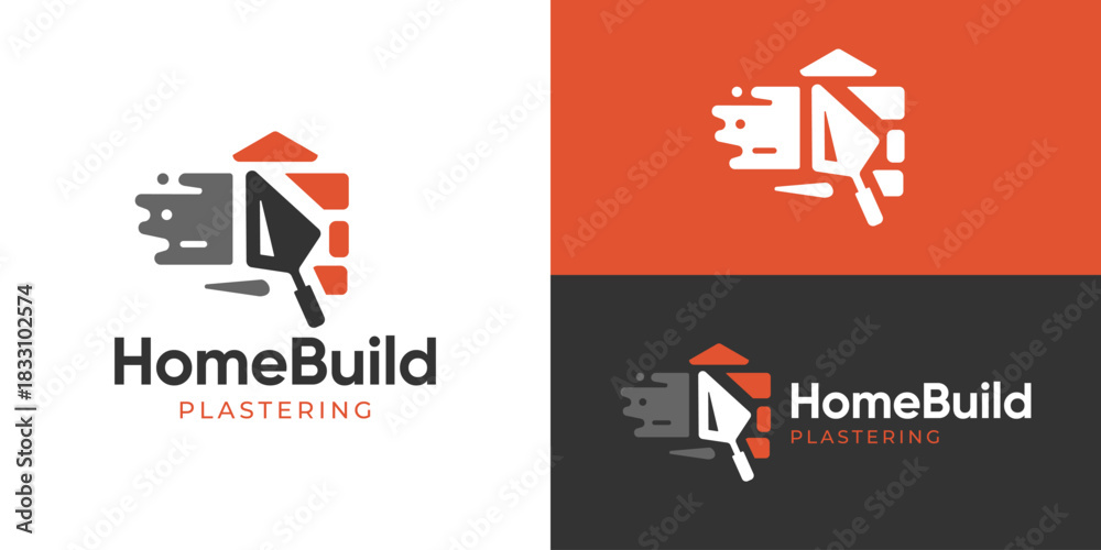 Obraz premium Creative simple home build logo template. Trowel with layers brick, Plastering logo design vector illustration.