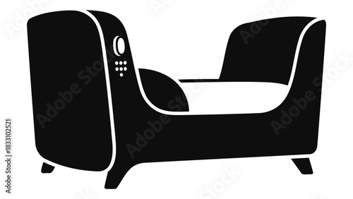 Modern black smart crib with white accents designed for automated baby comfort and sleep assistance