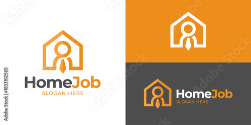Creative home job logo template. Home office with people human person logo design vector illustration.