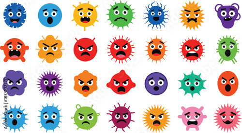 Collection of colorful cartoon virus characters with various facial expressions microbe