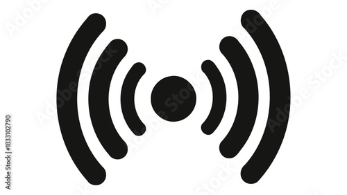 Simple black and white icon representing wireless signal or wi fi connection with radiating waves emanating from a centr