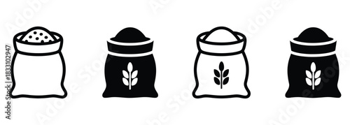 Four bags of flour or grain ready for baking and food preparation, a simple icon set for your design needs, representing harvest, agriculture, or cooking concepts