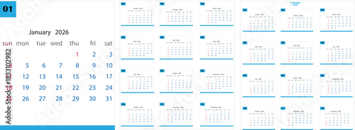 Professional calendar design for the year 2026 with vibrant color options