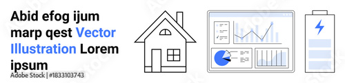 Home beside digital analytics dashboard and battery display. Ideal for renewable energy, technology, efficiency, scientific research, home automation, smart living, simple landing page