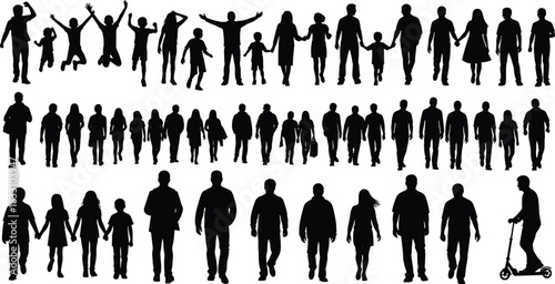 Collection of black silhouettes of people of various ages and genders in different poses and activities