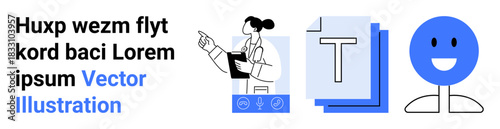 Digital tools, office productivity, communication, content creation, design, personal engagement. Features icons including text files and a smiling face. Digital tools and office productivity concept