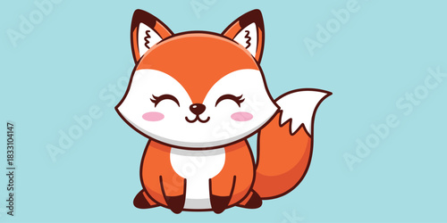 Cartoon fox sitting, orange fur, white tail tip, joyful expression, child-friendly animal art, flat vector illustration