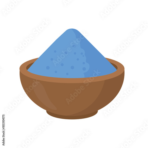 Blue matcha tea powder illustration vector flat design on white background. Japanese healthy blue  tea powder in bamboo bowl symbol for menu, banner, poster, web, emblem. Butterfly pea flower.