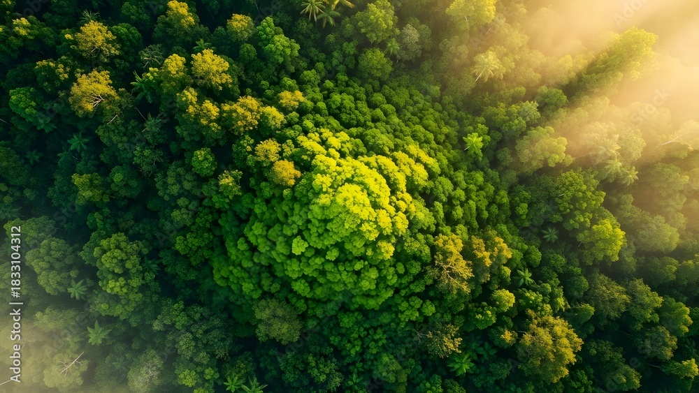 Naklejka premium Stunning aerial view of a vibrant green rainforest canopy bathed in golden sunlight, perfect for nature documentaries, conservation campaigns, or eco-tourism promotions