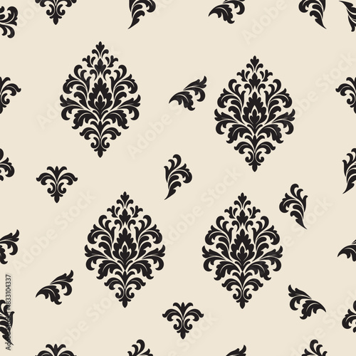Elegant Black Ornate Damask Seamless Pattern on Light Background