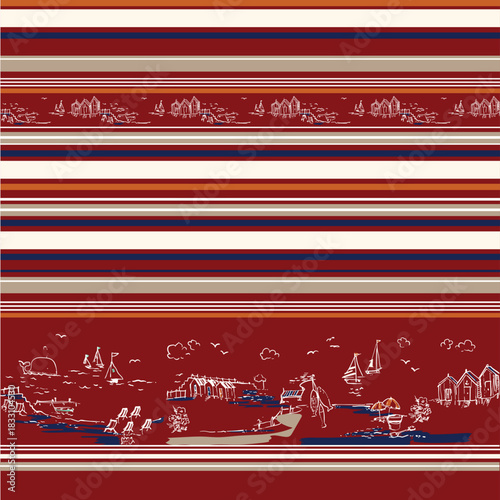 abstract bot  and stripes border pattern on Red  background
