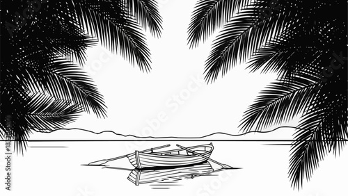 Serene Boat Scene Under Palm Trees in Black and White.