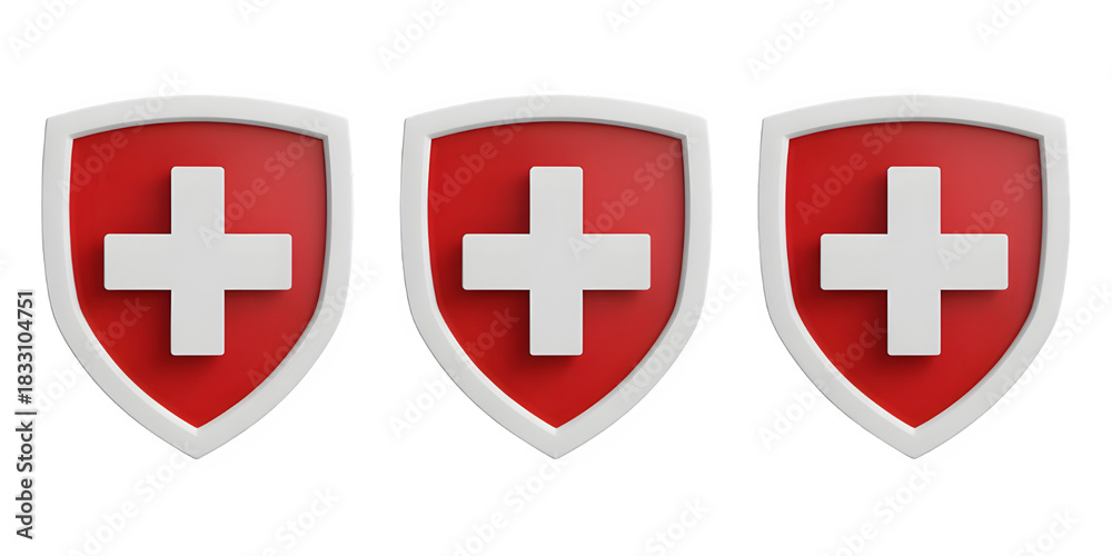 Fototapeta premium Triple Shields with White Crosses and Red Backgrounds on Black Backdrop