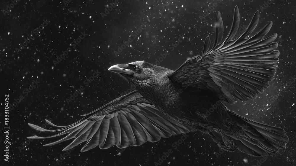 Fototapeta premium A majestic raven soaring through a starry night sky, its wings spread wide in graceful flight. The bird's dark plumage contrasts dramatically against the backdrop of the celestial expanse.