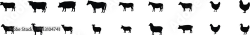 farm animal silhouettes including cows, sheep, goats, pigs, horses, and chickens arranged for educational resources, agricultural branding, and farm-themed creative projects.