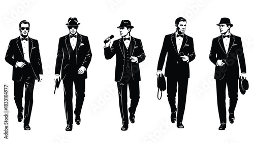 Group of men in suits walking forward in a vintage style illustration