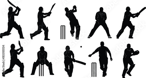 Collection of Black Silhouettes of Cricket Players Batting Bowling and Fielding sport