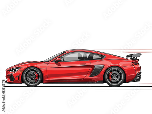 Side profile illustration of a modern red sports coupe with a rear spoiler, isolated on a white background.
