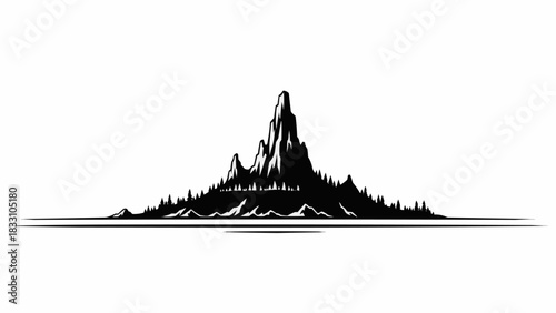 Majestic mountain range silhouette against a stark white background, a dramatic landscape.