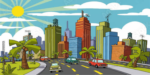 A highway road leading into the bustling downtown city skyline with towering skyscraper buildings and heavy traffic