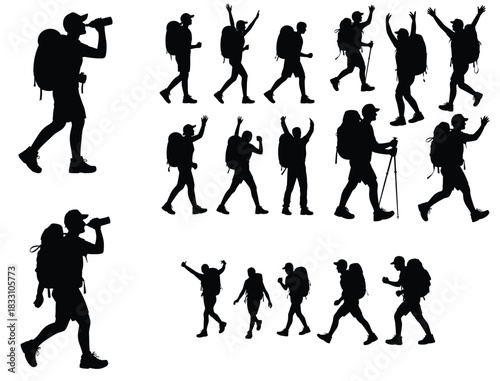Hiker Silhouette Icons, Backpacking Walking Poses, Vector Set