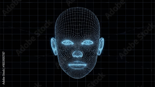 Digital Human Face with Glowing Features on Dark Background.