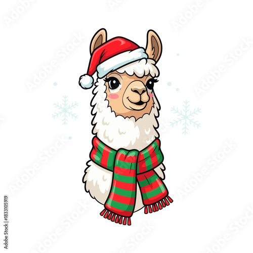 Adorable cartoon llama wearing a Santa hat and festive scarf, a fun holiday design element perfect for greeting cards and seasonal projects