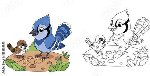 Cute cartoon blue jay and sparrow bird friends standing on ground vector illustration. Adorable wild animal characters looking at shapes in dirt.