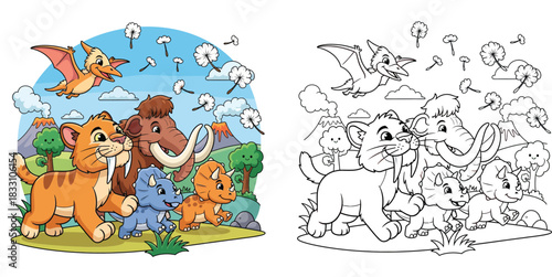 Cute cartoon prehistoric animals walking together vector illustration. Adorable saber-toothed tiger, mammoth, triceratops and pterodactyl friends in nature landscape with volcanoes.