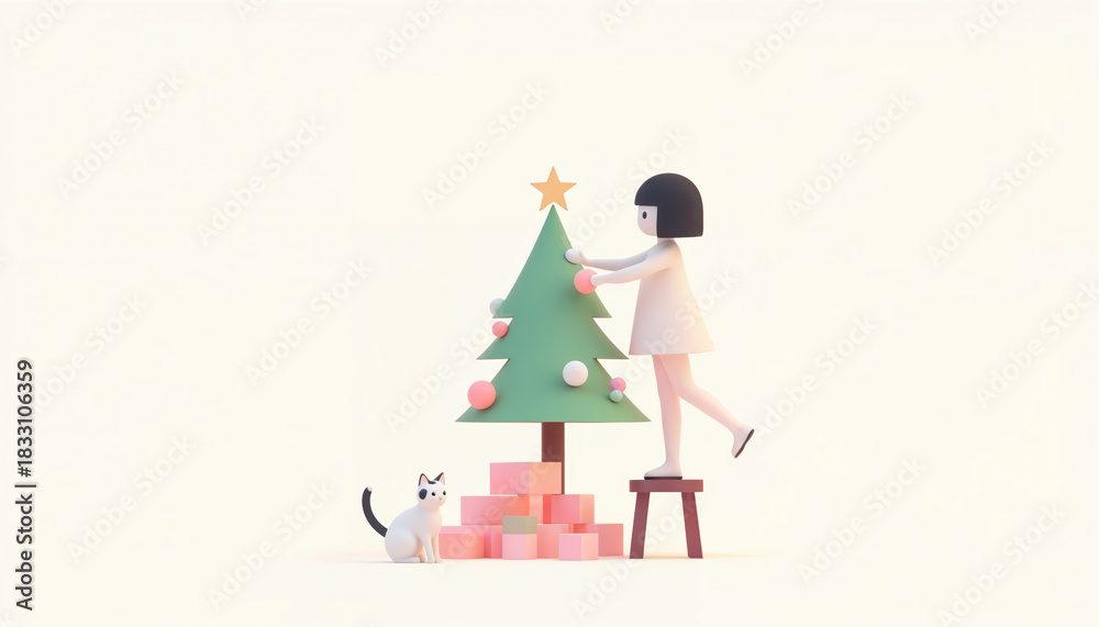 Fototapeta premium Girl decorates a Christmas tree with ornaments and a star while a cat observes nearby during winter festivities