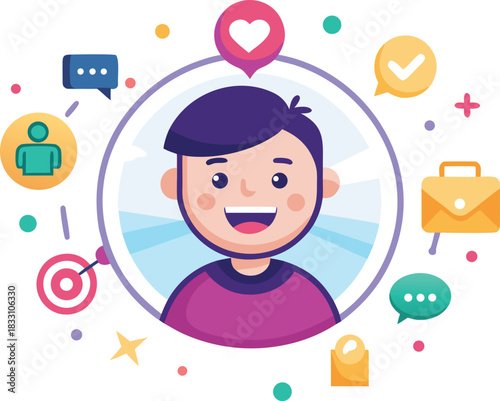 Cheery influencer avatar vector illustration with social media icons for digital marketing eps